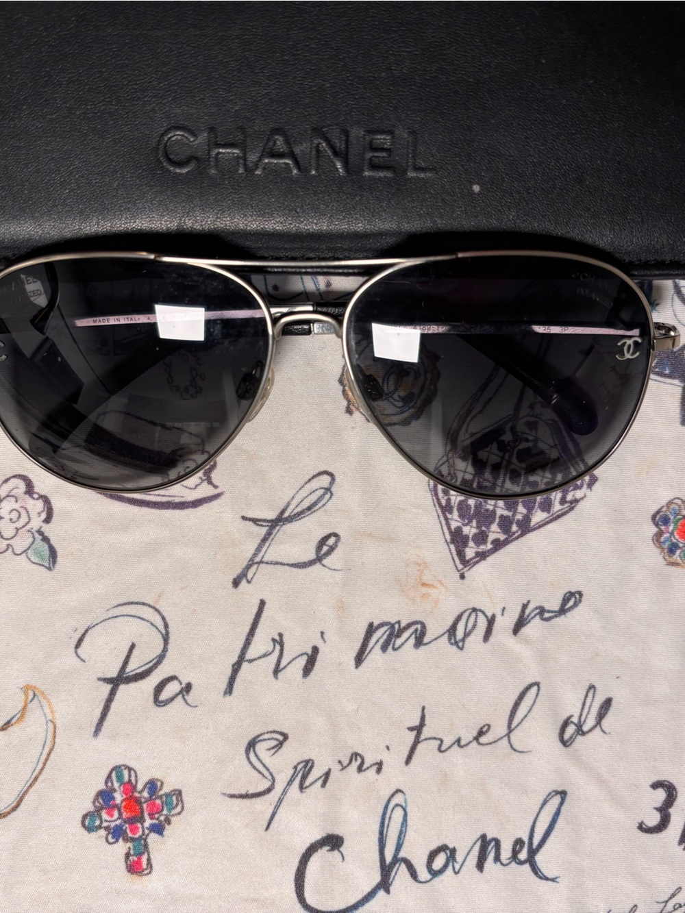CHANEL Silver Frame Black Lens Aviator Sunglasses with Case